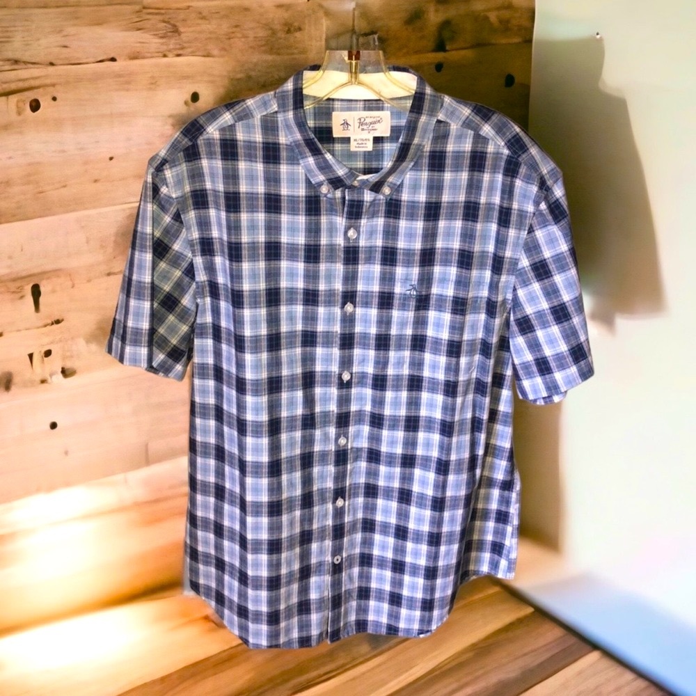🆕 Original Penguin Blue White Plaid Check Mens XL